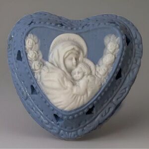 Vintage Ceramic Wedgwood Like Blue Holy Mother Child Heart Shape Trinket Box